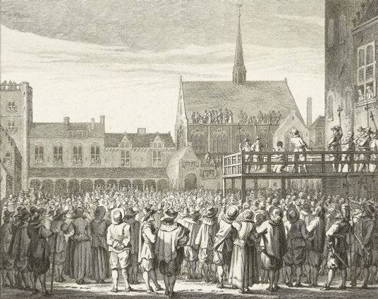 De politieke moord op de uiterst bekwame raadspensionaris Johan van Oldenbarnevelt.